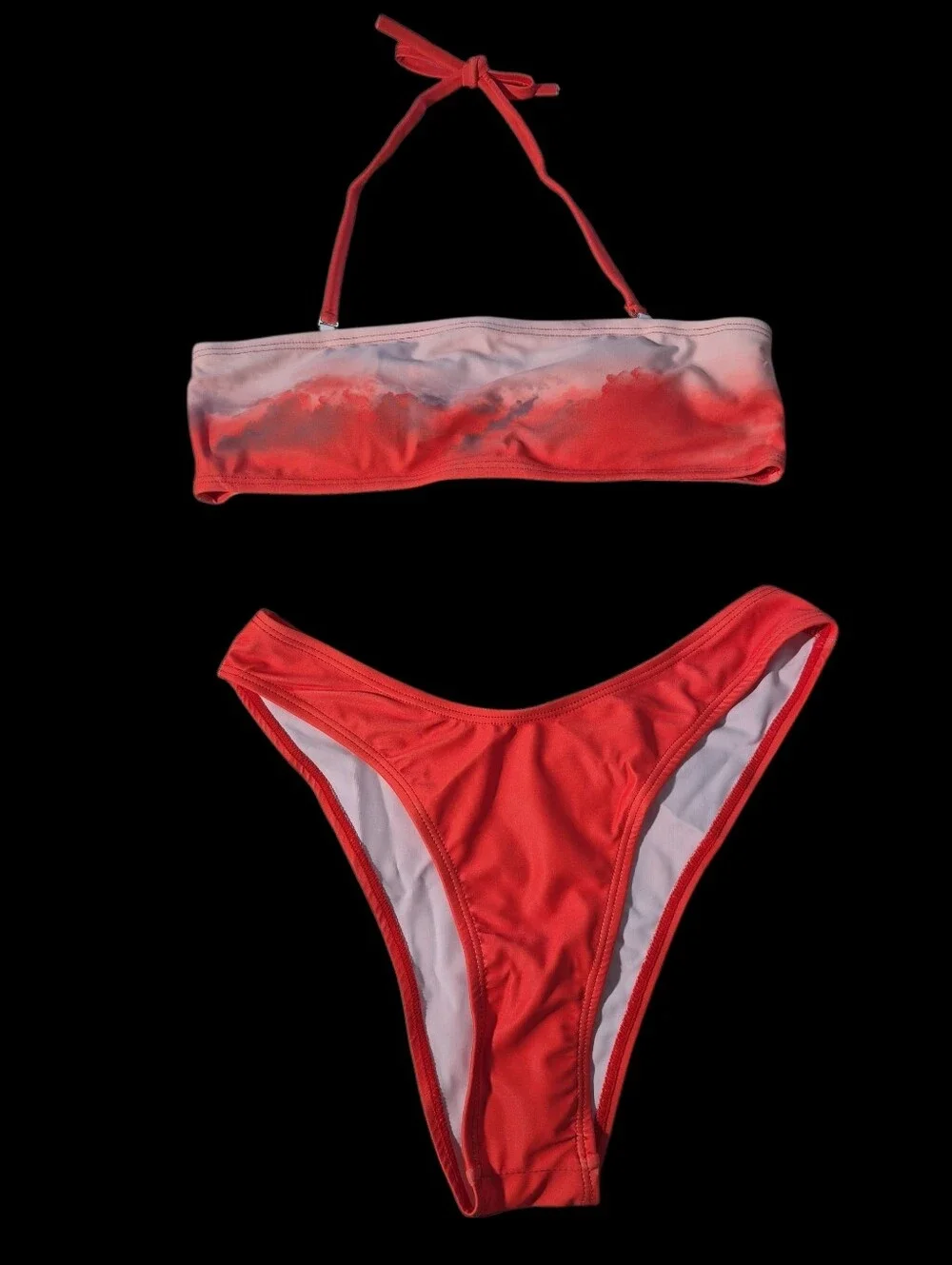 Coral Pink Ombre Bandeau Bikini Halter Top High Cut Cheeky Two Piece Swimsuit M